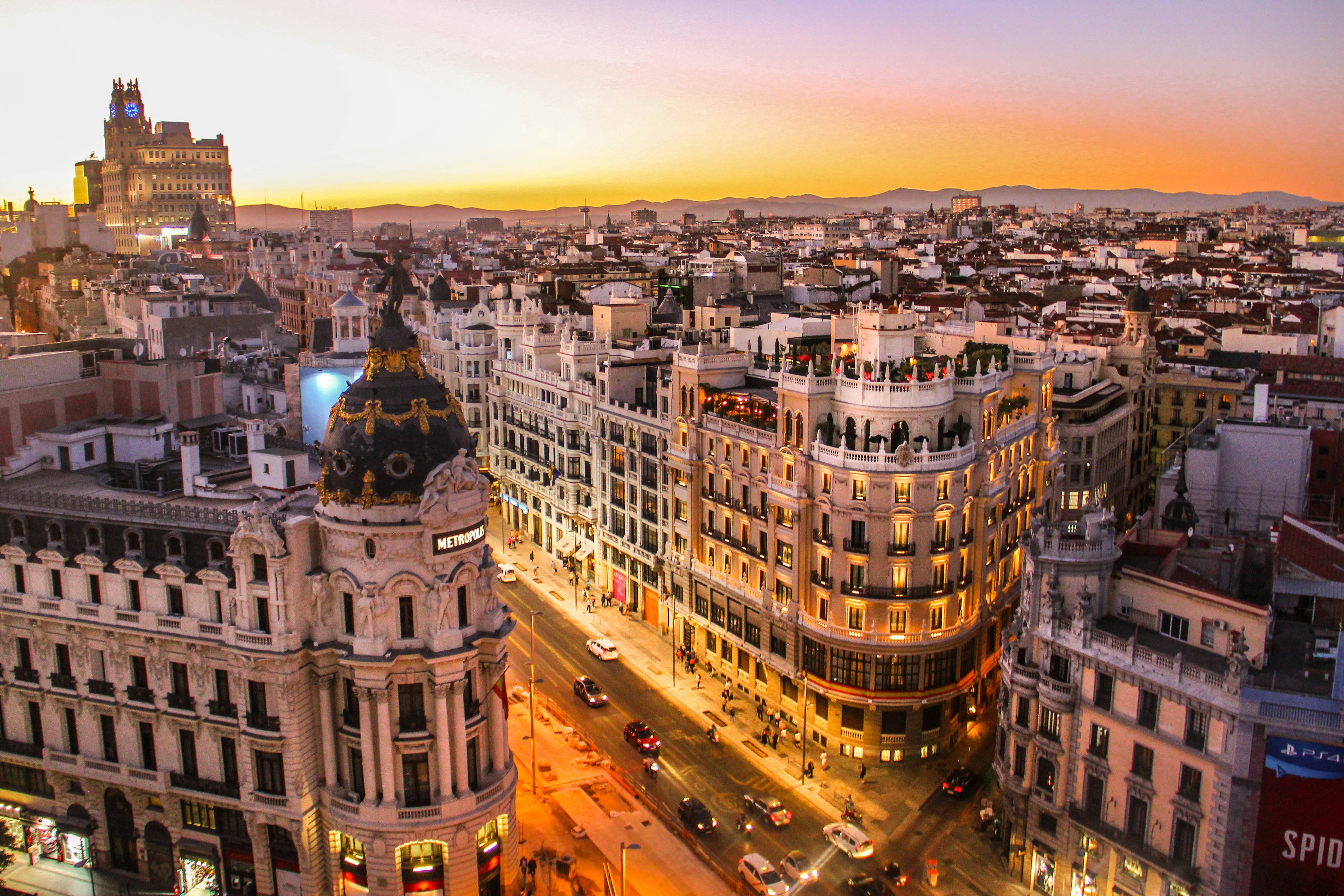 Madrid’s Gran Vía and Metrópolis building at sunset